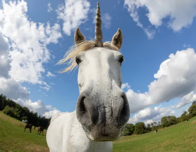 Close Up Portrait Of A White Unicorn In A Field
