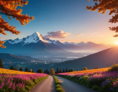 Scenic Mountain Road Through A Vibrant Flower Meadow