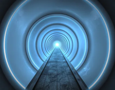 Futuristic Blue Light Tunnel With Tiled Walkway
