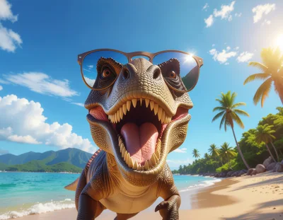 T-Rex Wearing Sunglasses on a Tropical Beach