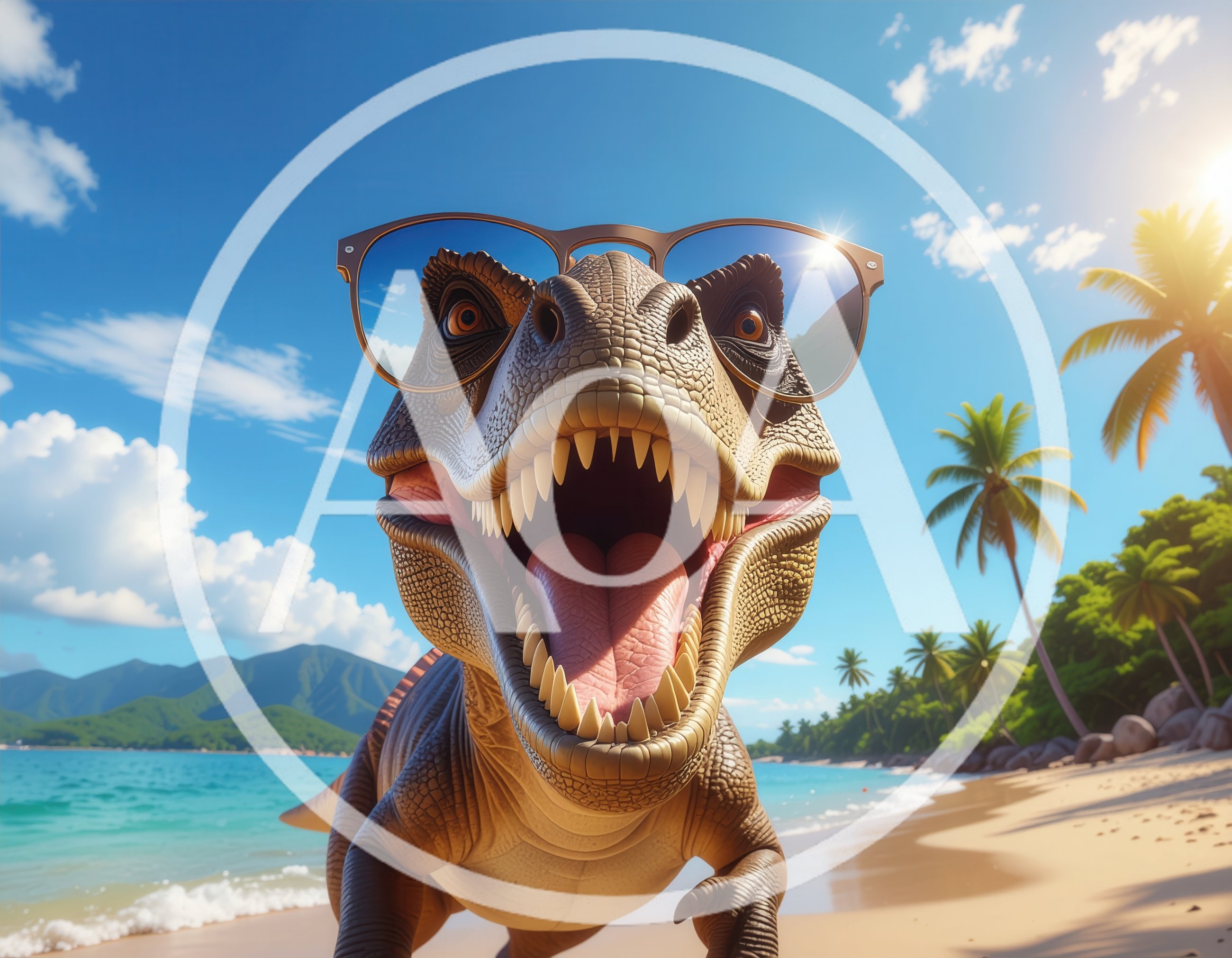 T-Rex Wearing Sunglasses on a Tropical Beach