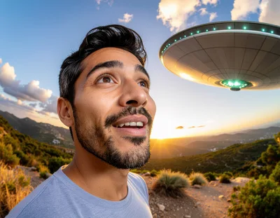 Man Looking Up At A Flying Saucer In Nature