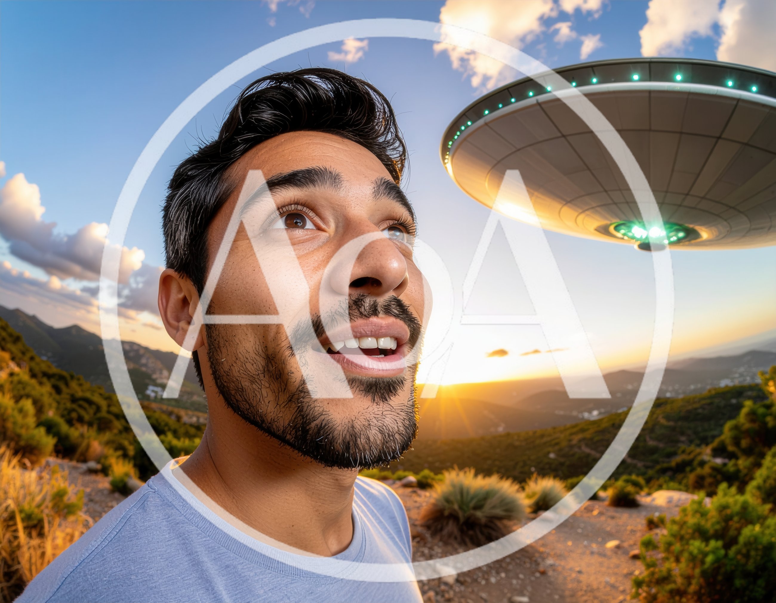 Man Looking Up At A Flying Saucer In Nature