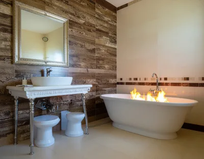 Surreal Bathroom Scene With Fire Burning In Bathtub