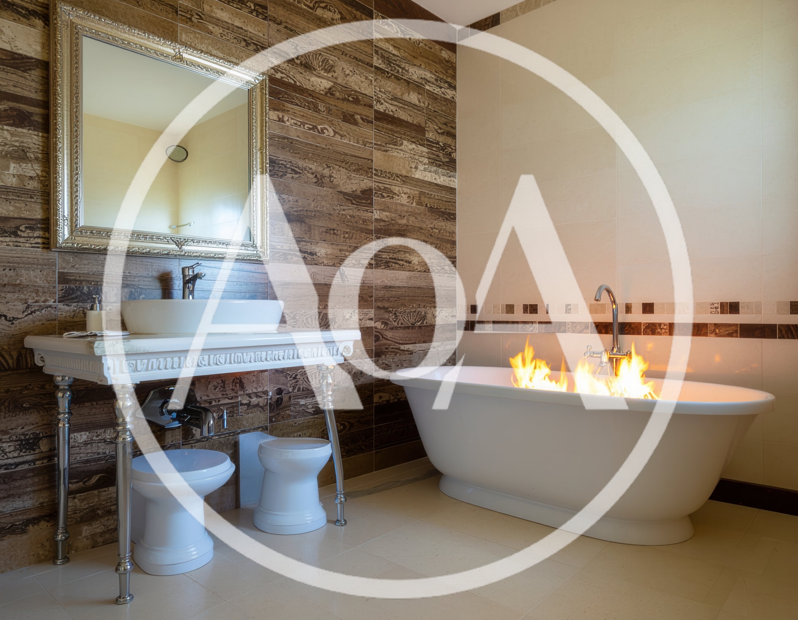 Surreal Bathroom Scene With Fire Burning In Bathtub