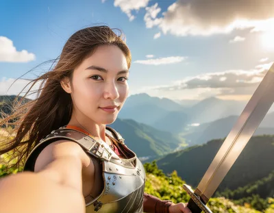 Female Warrior Taking A Selfie On A Mountain Peak