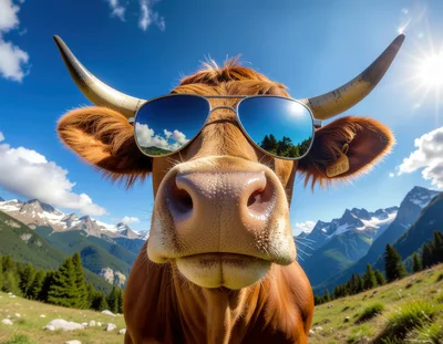 Close Up Portrait Of A Cow Wearing Sunglasses