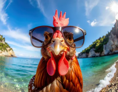 Funny Chicken Wearing Sunglasses On A Sunny Beach