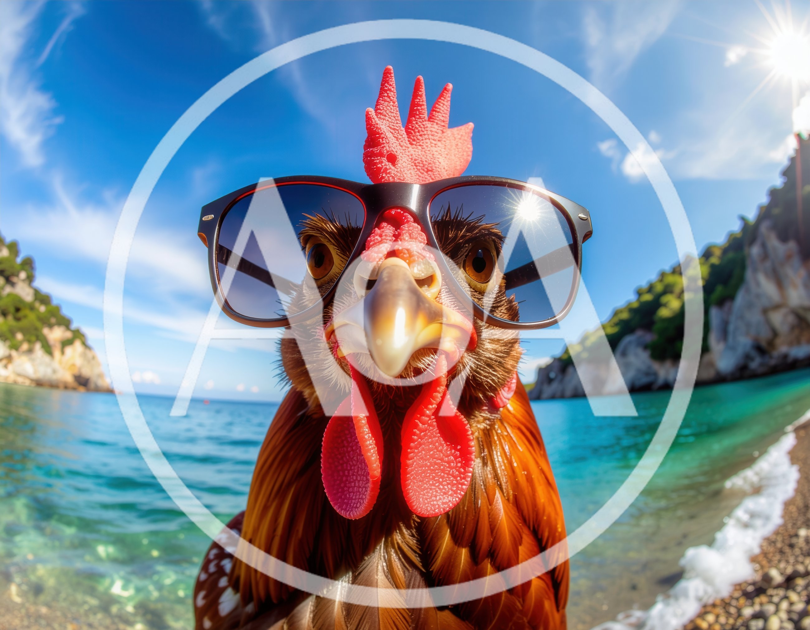 Funny Chicken Wearing Sunglasses On A Sunny Beach