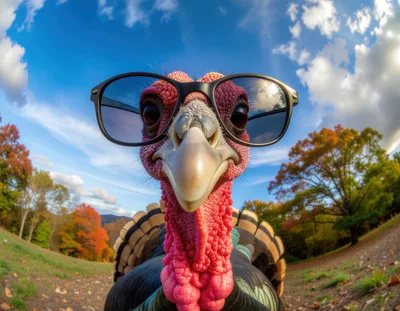 Funny Turkey Wearing Sunglasses In Autumn Landscape
