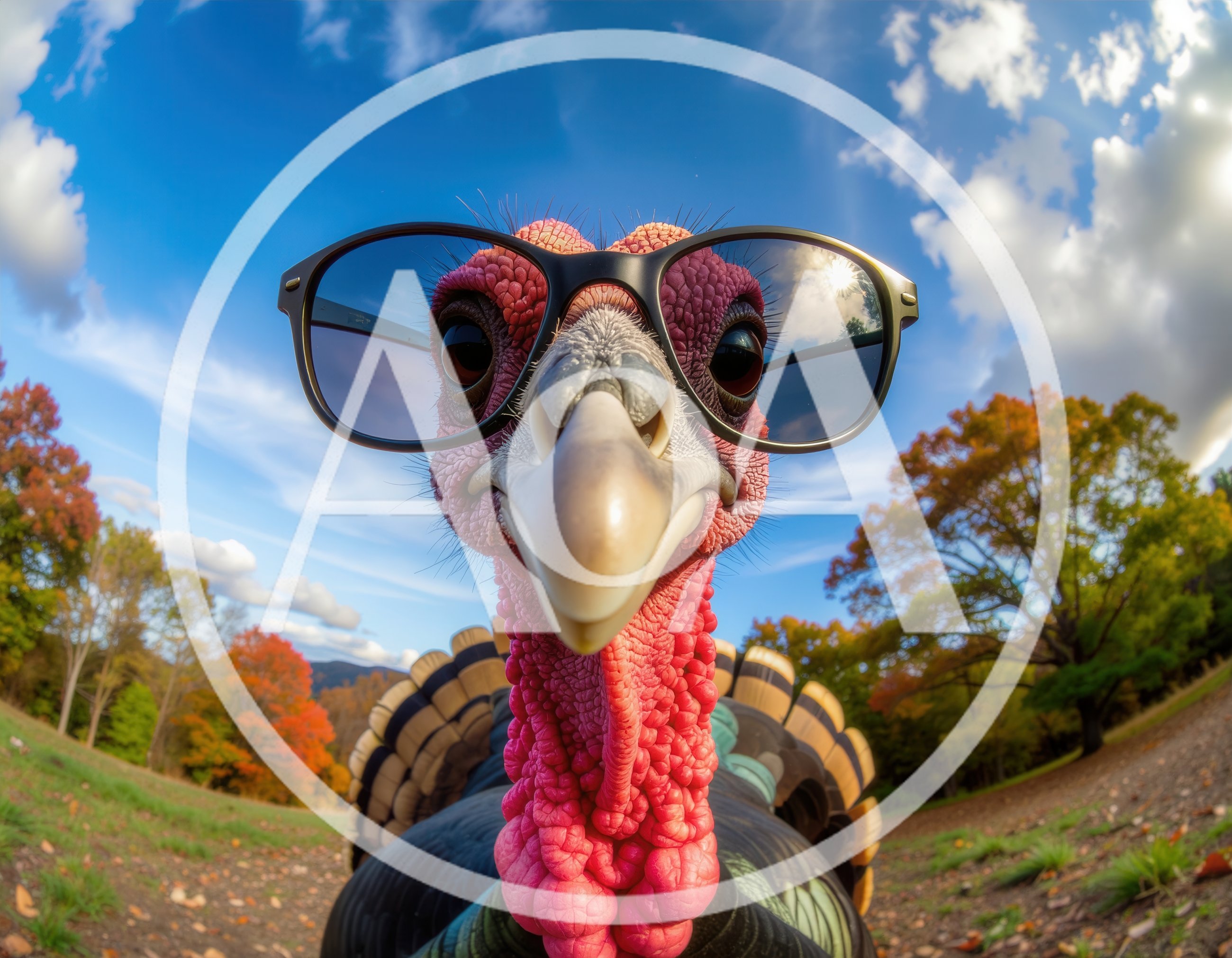 Funny Turkey Wearing Sunglasses In Autumn Landscape