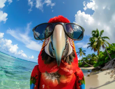 Close Up Portrait Of A Parrot Wearing Sunglasses