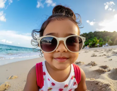 Toddler Girl Wearing Sunglasses Playing On Tropical Beach