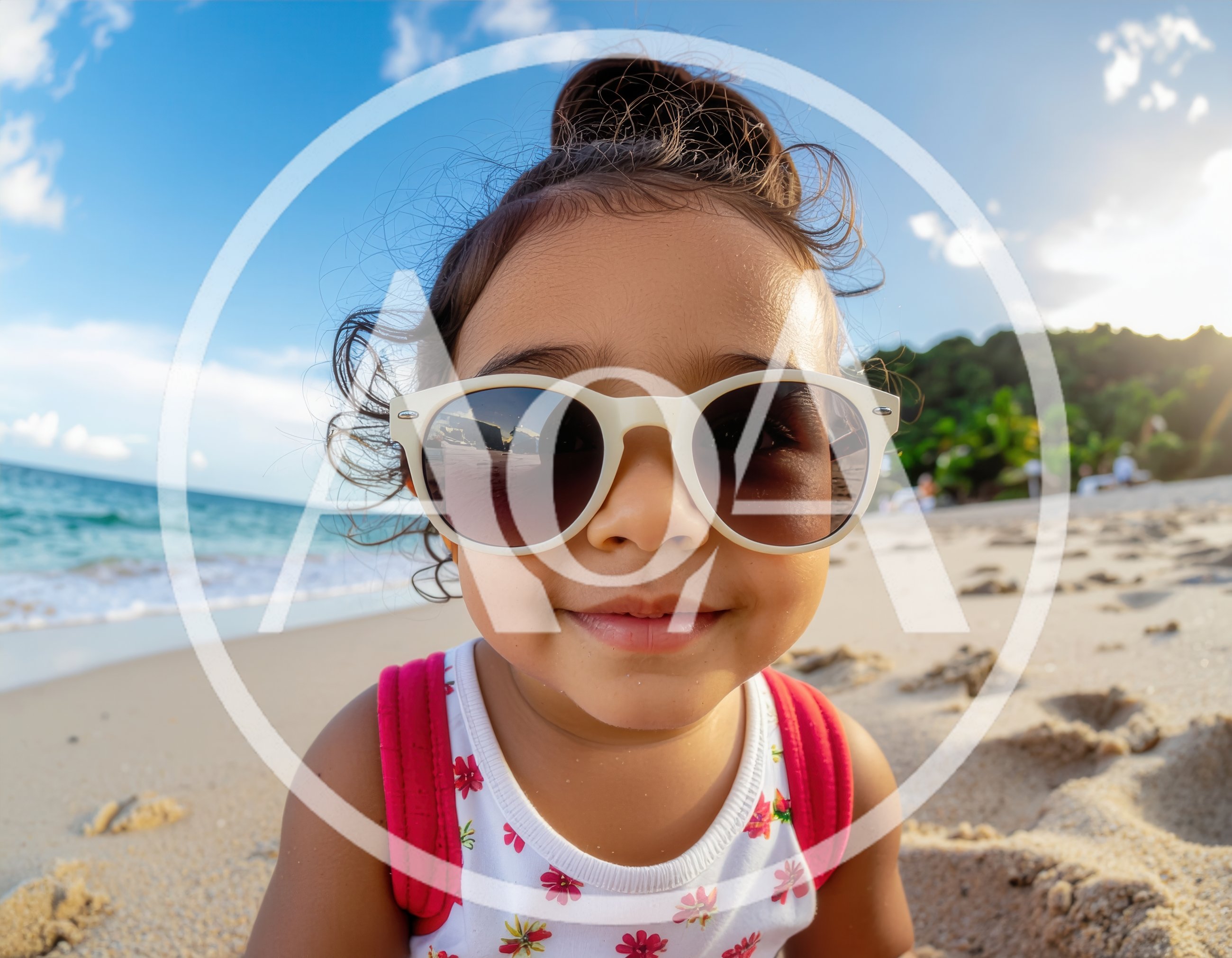 Toddler Girl Wearing Sunglasses Playing On Tropical Beach