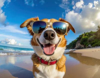 Happy Dog Wearing Sunglasses on a Tropical Beach