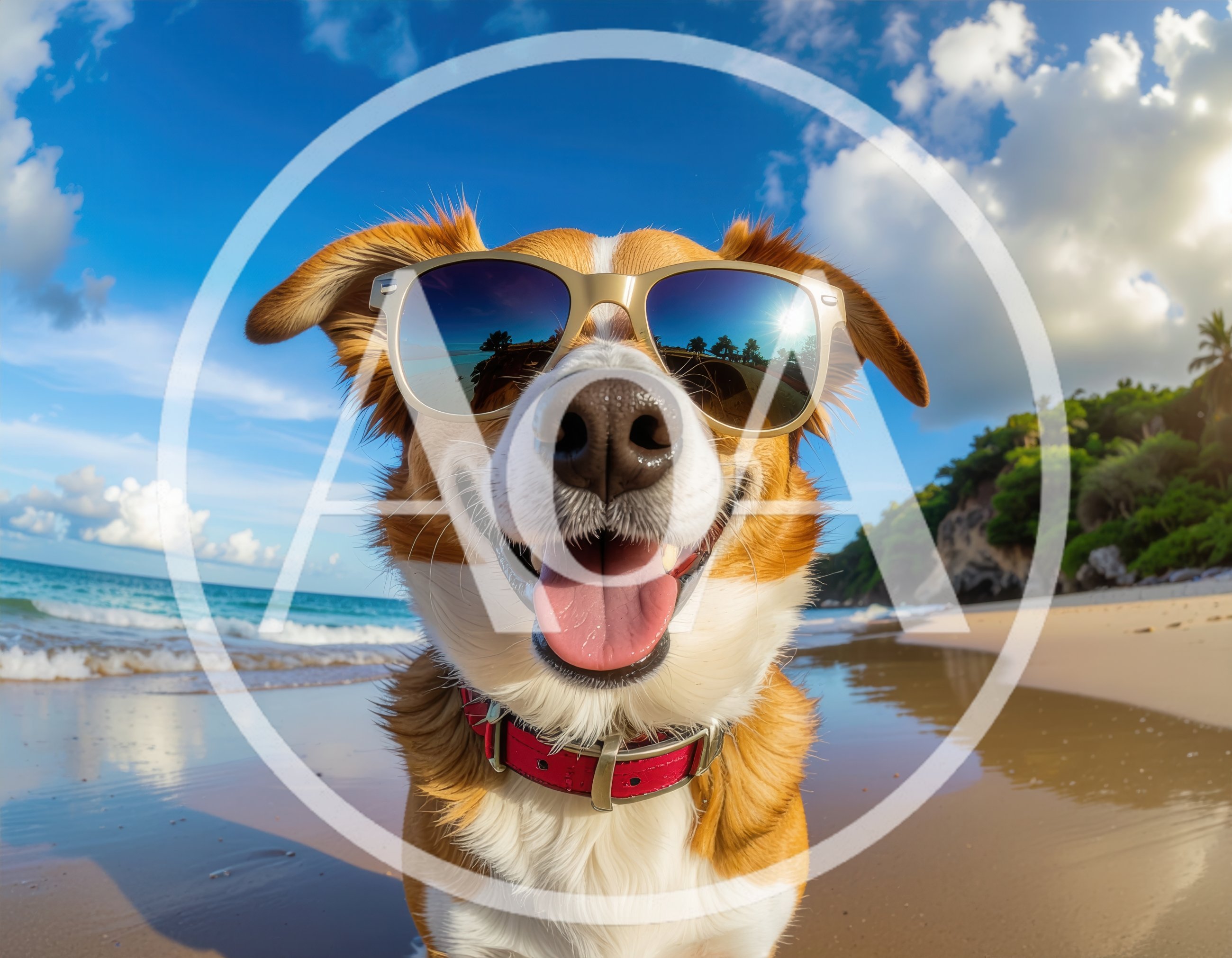 Happy Dog Wearing Sunglasses on a Tropical Beach