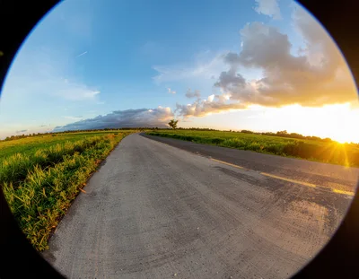 Fisheye View Of A Rural Road At Sunset