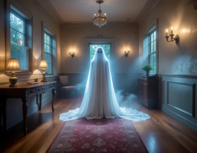 Ghost Standing In A Dimly Lit Victorian Hallway