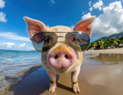 Cute Piglet Wearing Sunglasses On A Tropical Beach