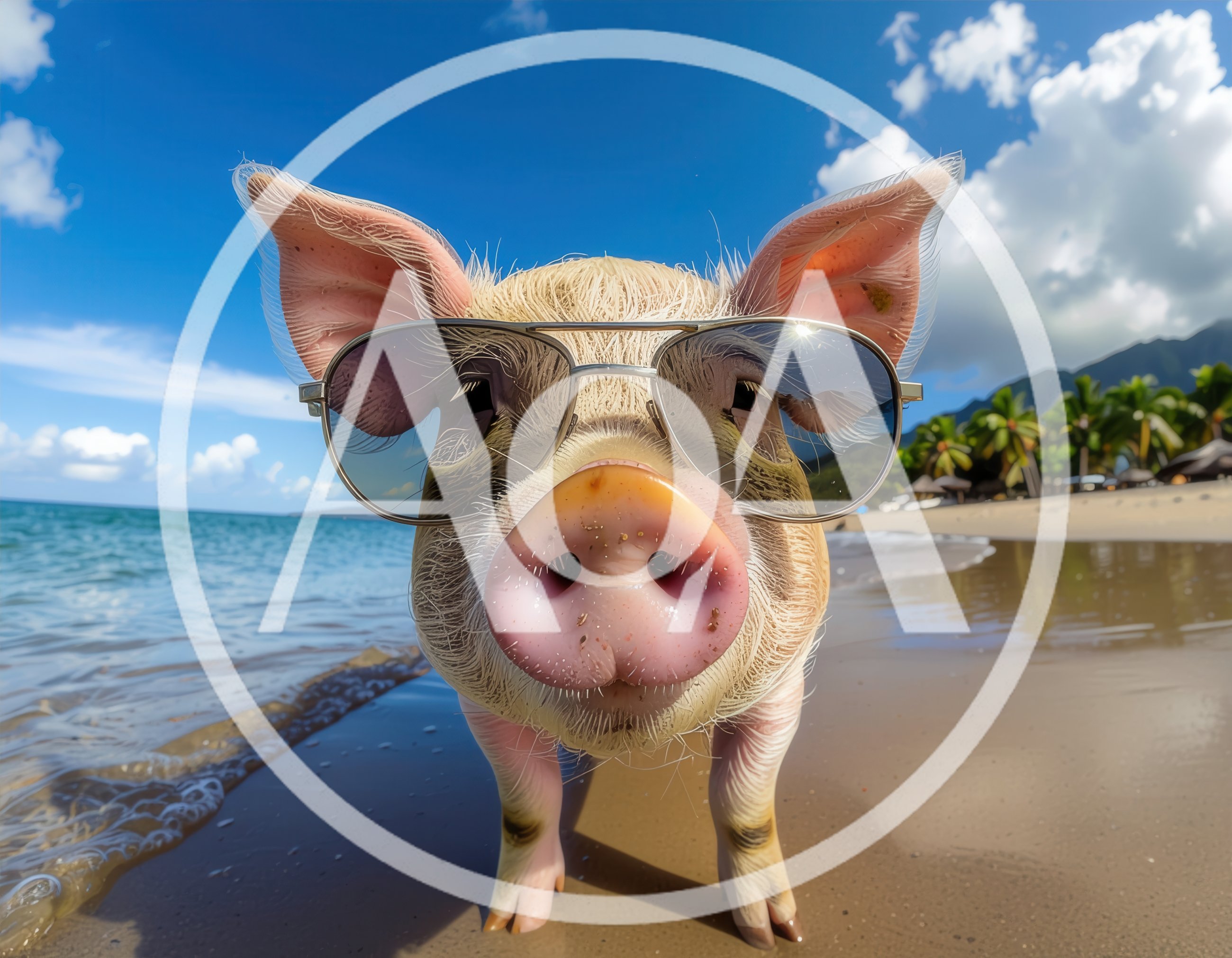 Cute Piglet Wearing Sunglasses On A Tropical Beach