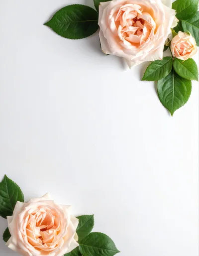 Peach Roses With Green Leaves On White Background
