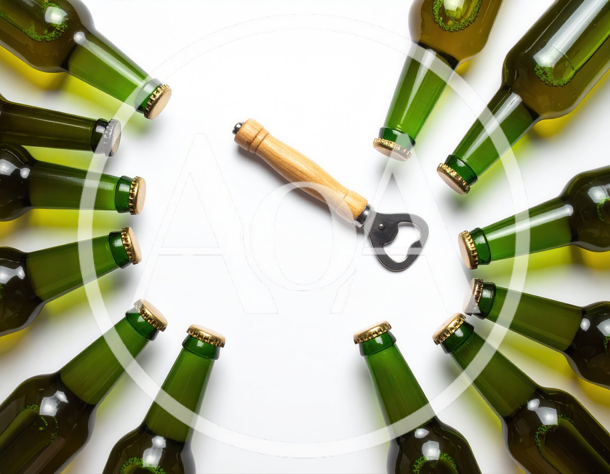 Green Beer Bottles Arranged Around A Bottle Opener