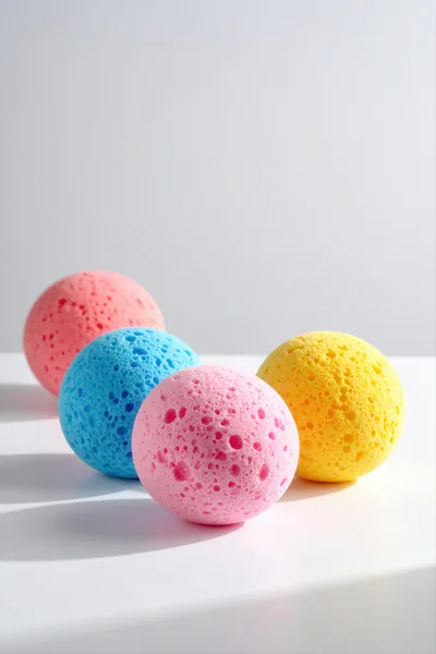 Four Colorful Spherical Sponges On White Surface