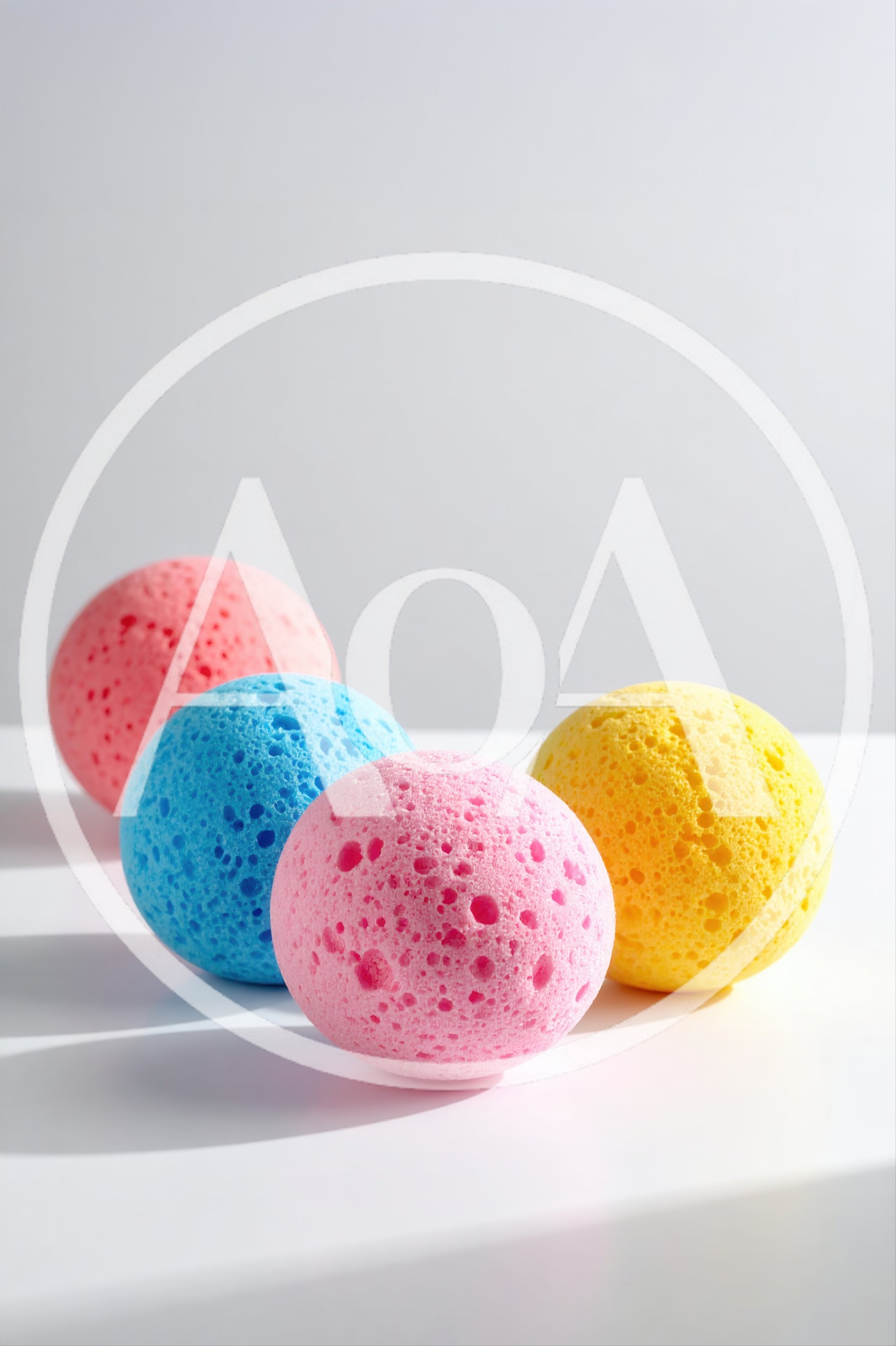 Four Colorful Spherical Sponges On White Surface