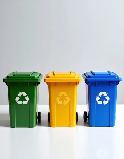 Three Colorful Recycling Bins Standing In A Row