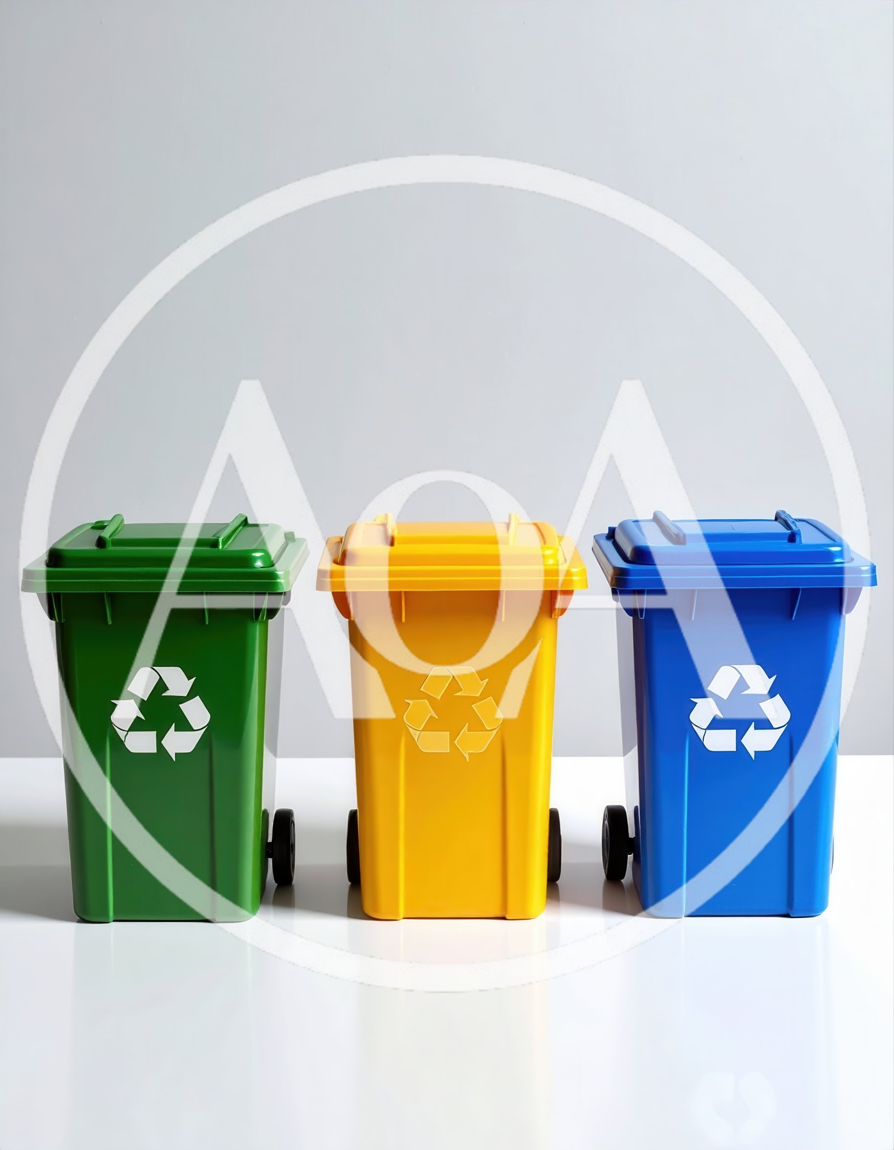 Three Colorful Recycling Bins Standing In A Row