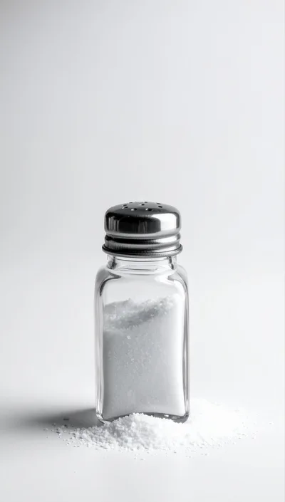 Glass Salt Shaker With Spilled Salt On White Background