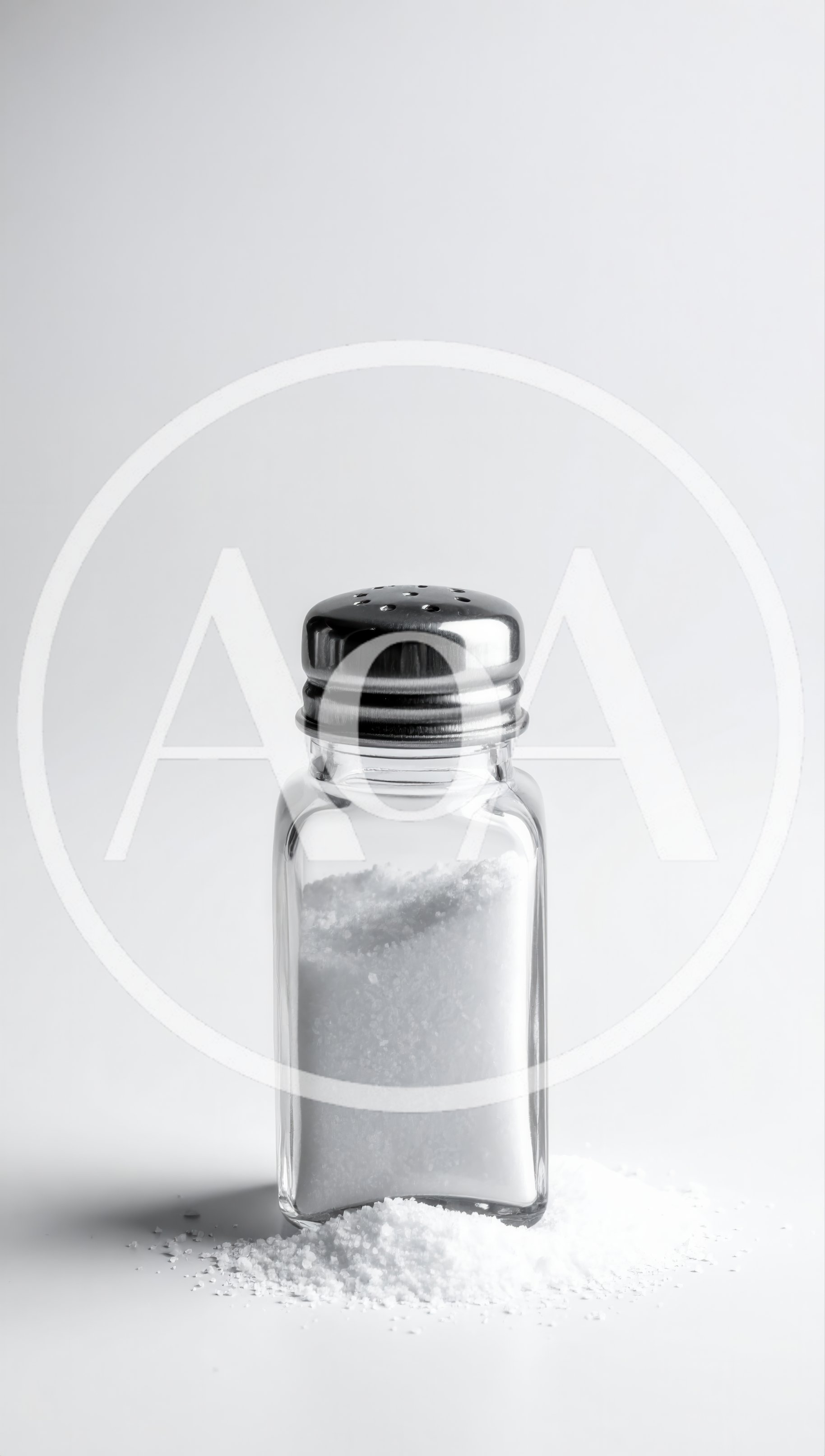 Glass Salt Shaker With Spilled Salt On White Background