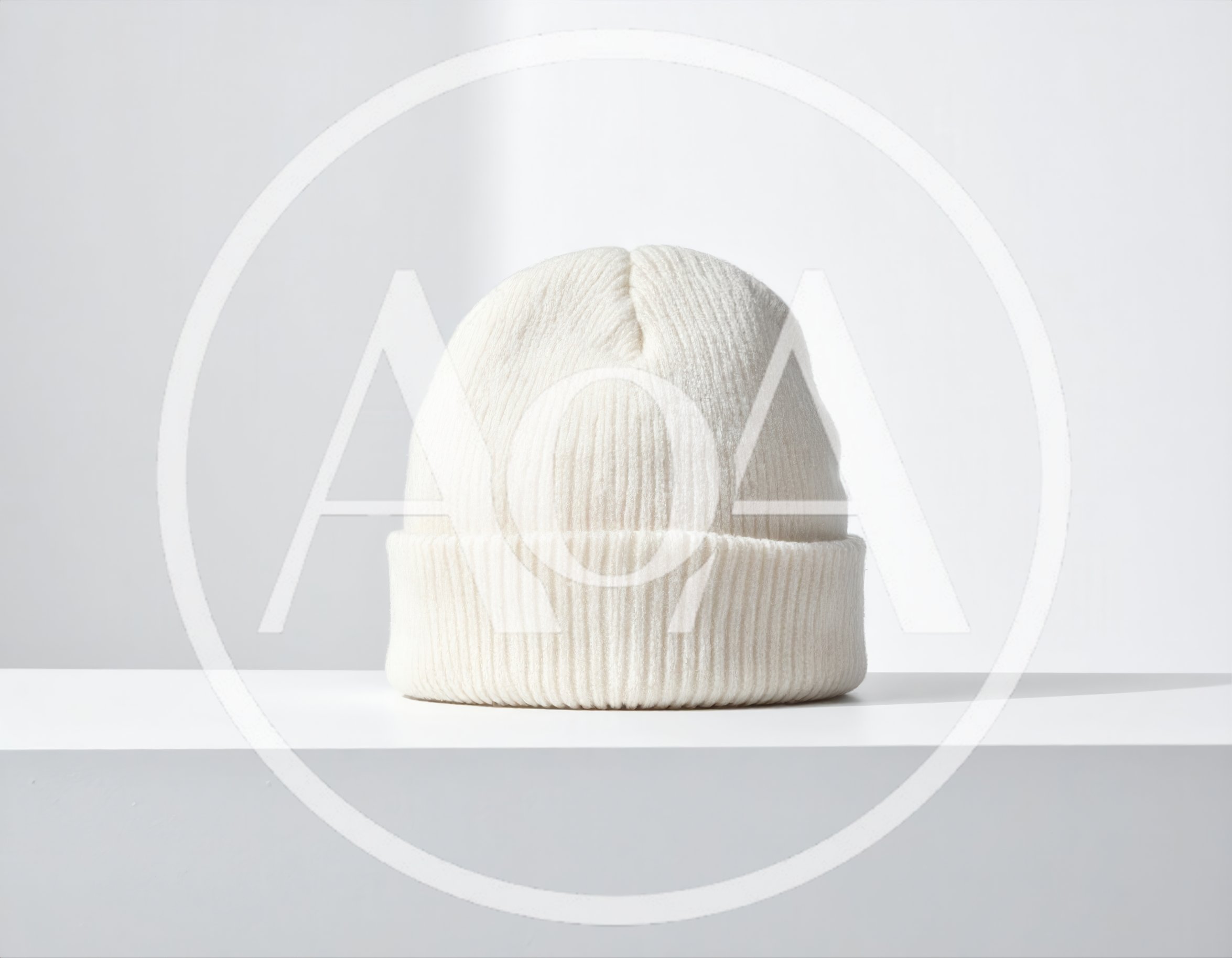 White Knitted Beanie Hat On A White Surface
