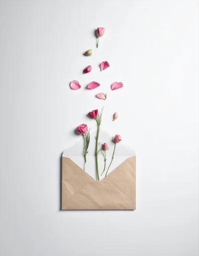 Pink Flowers Emerging From A Kraft Paper Envelope