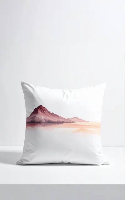 White Decorative Throw Pillow With Mountain Landscape Print