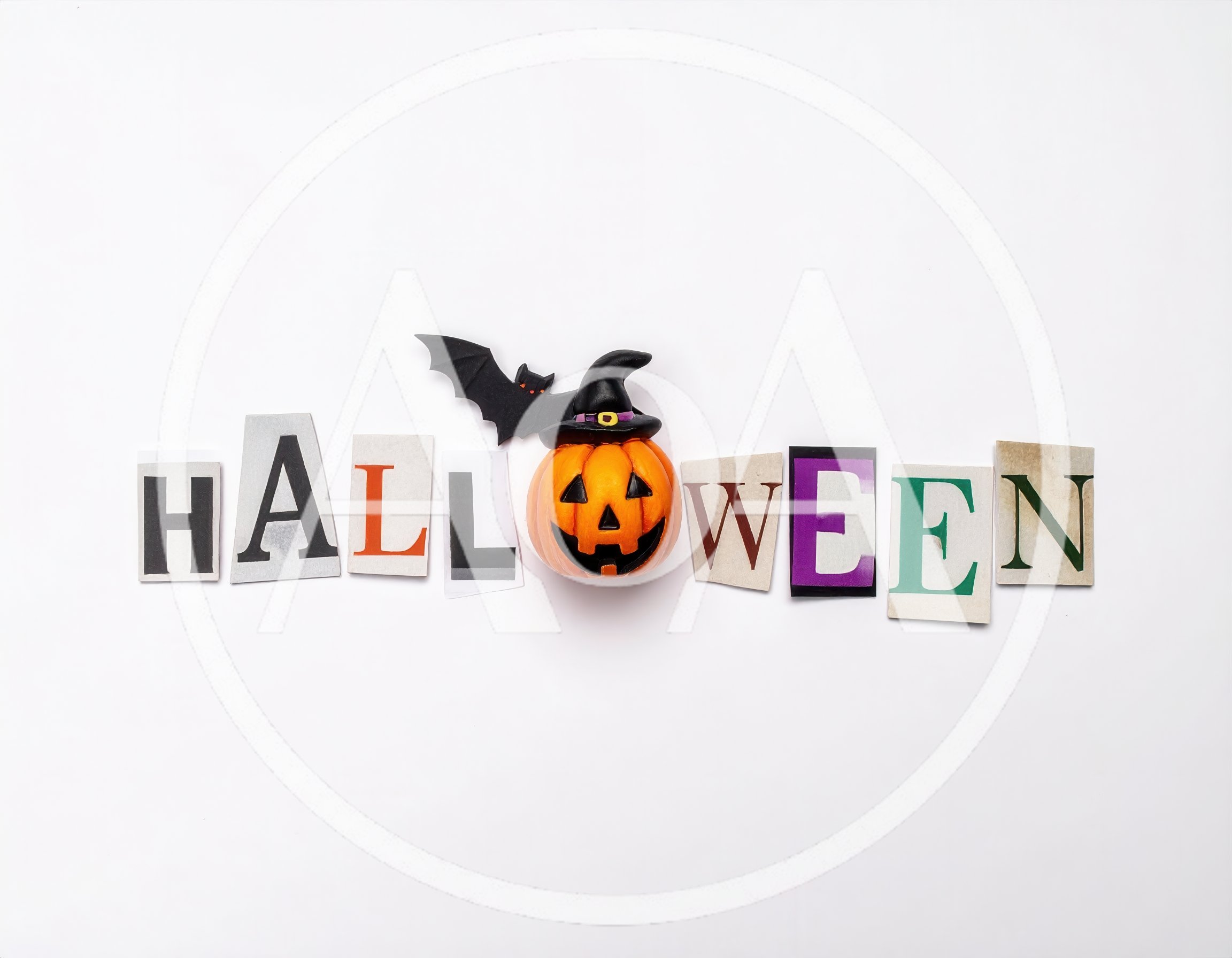 Halloween Text Cutout With Pumpkin And Bat