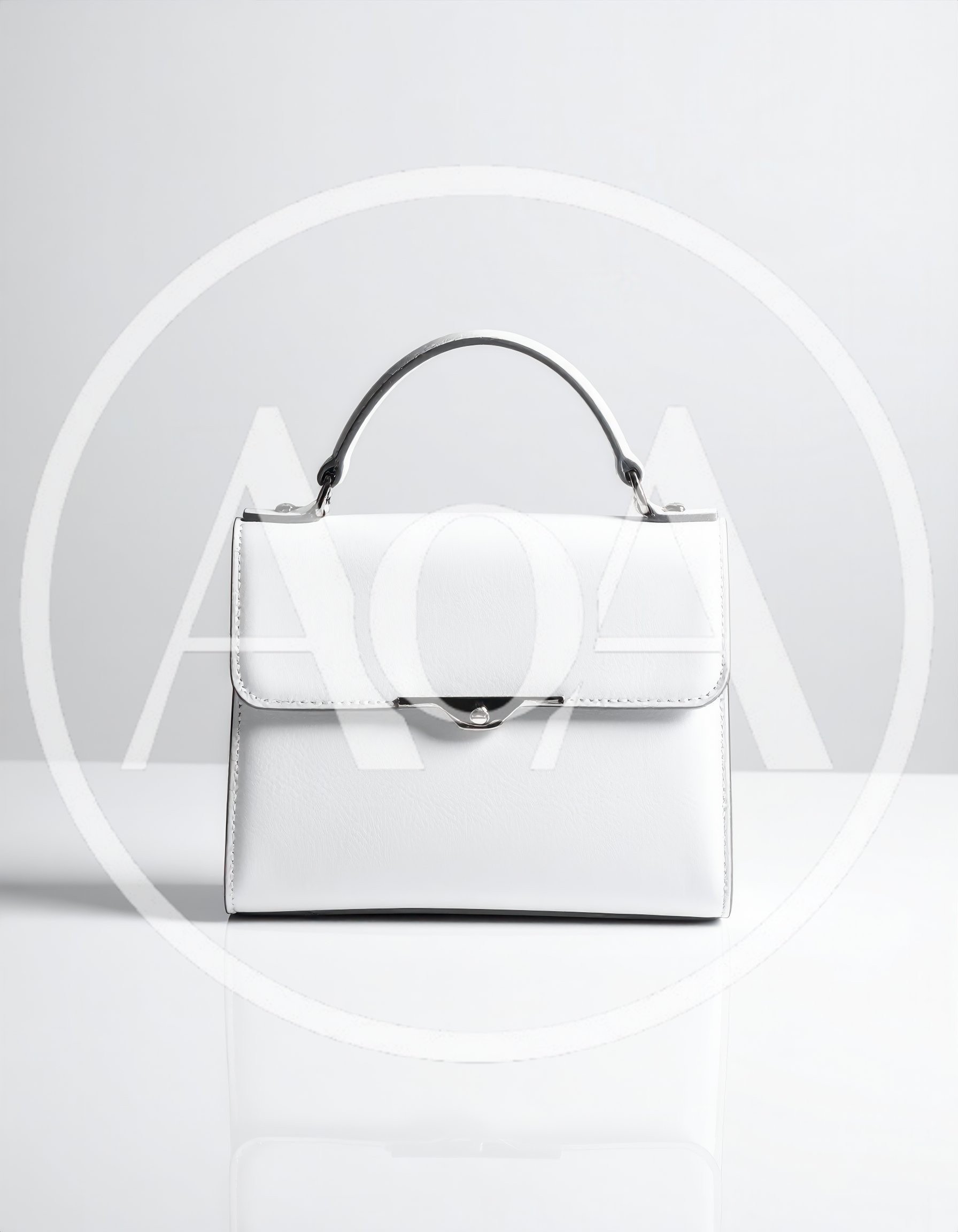 Minimalist White Leather Handbag On Reflective Surface