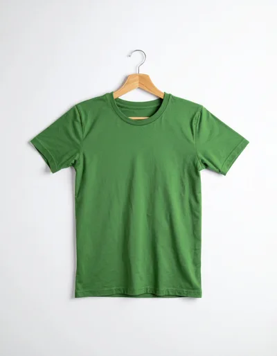 Green T-Shirt Hanging on Wooden Hanger