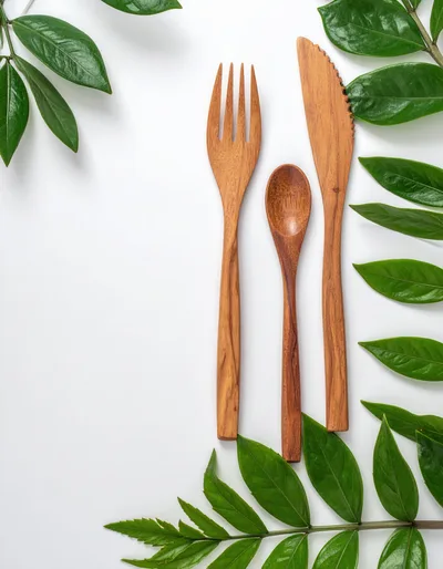Wooden Cutlery Set With Green Leaves On White Background