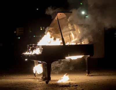 Grand Piano Burning On A Dark City Street