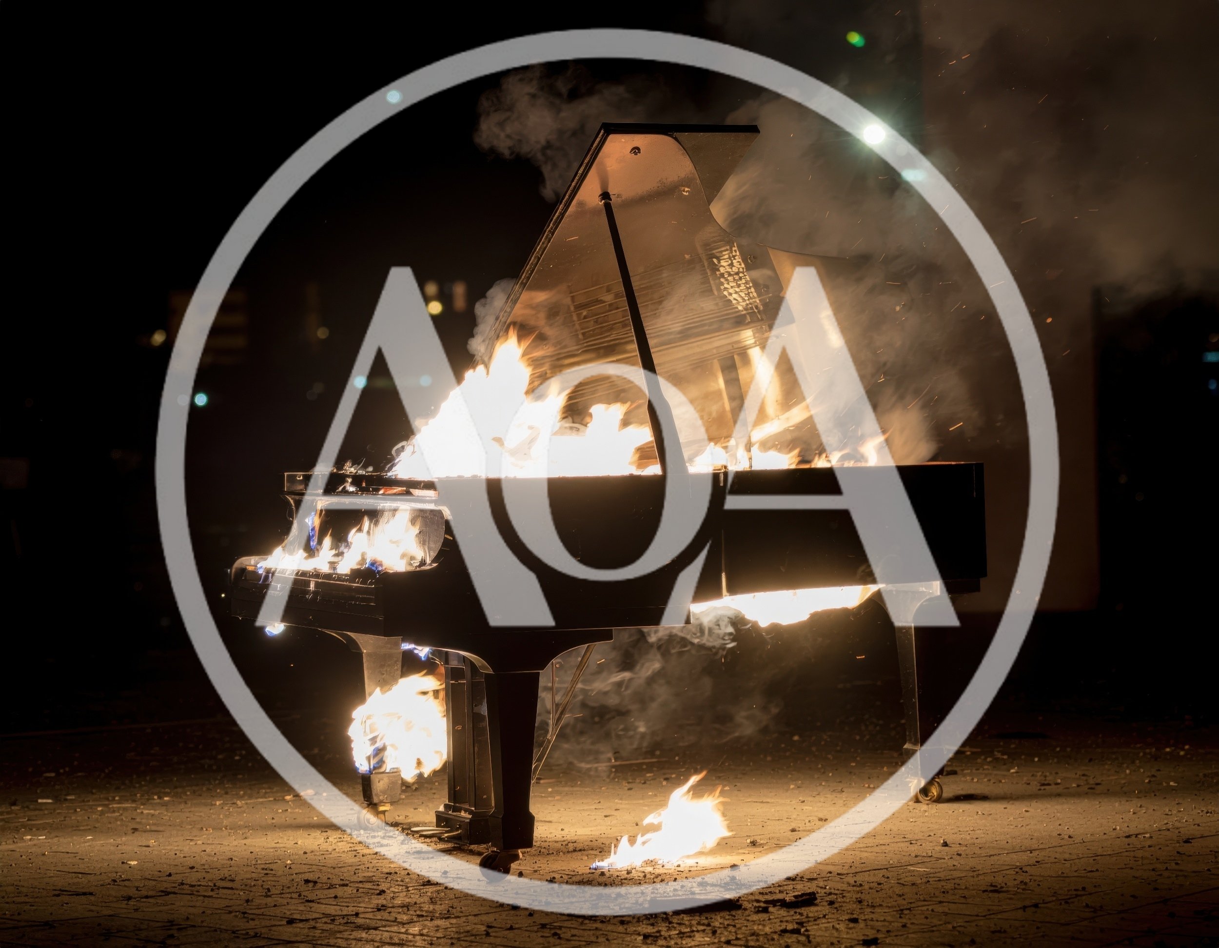 Grand Piano Burning On A Dark City Street