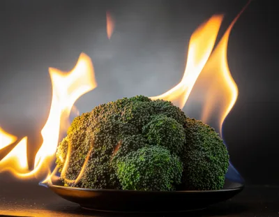 Fresh Broccoli Head Burning On A Plate