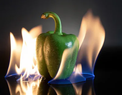 Green Bell Pepper Surrounded By Dancing Flames