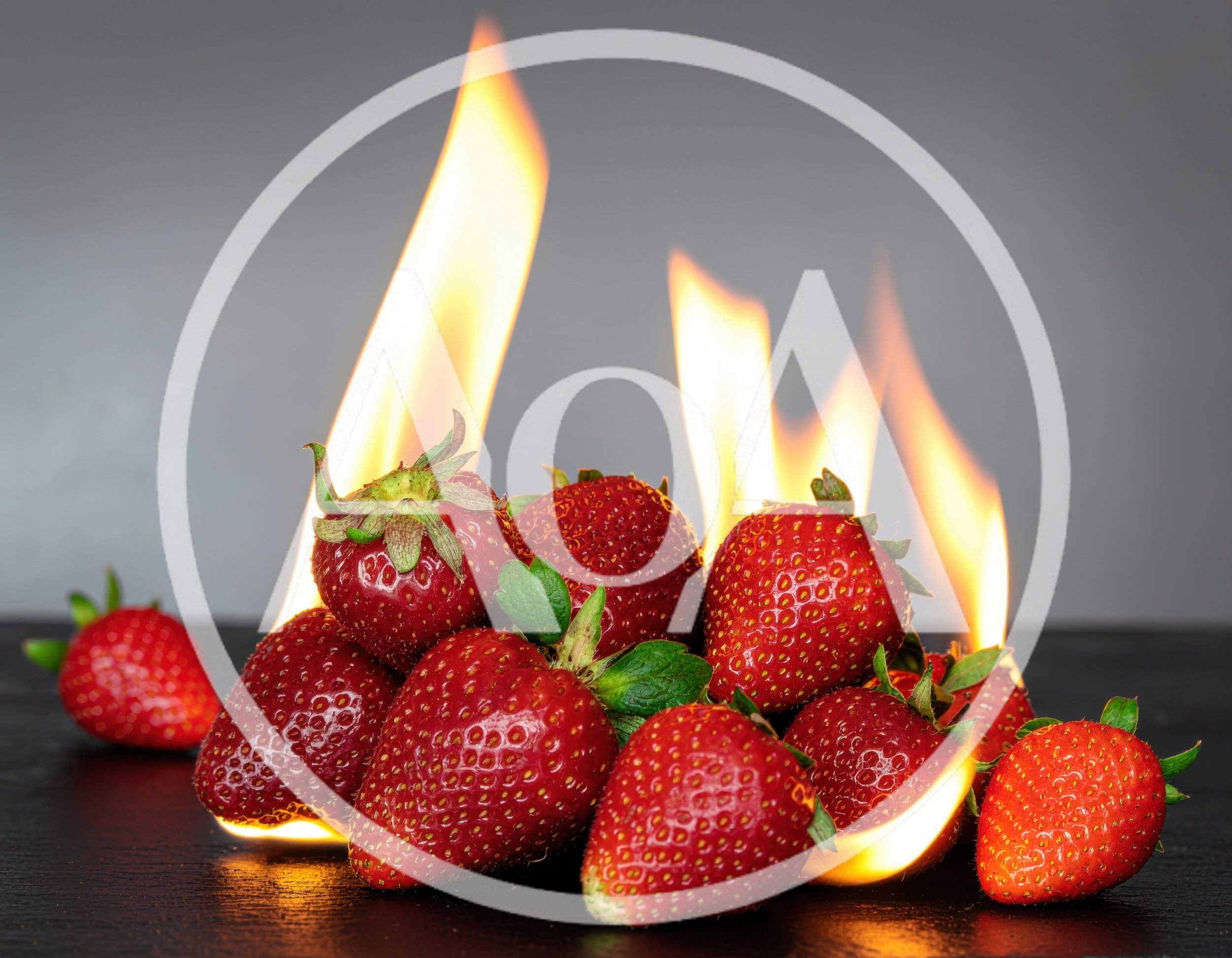 Fresh Strawberries Burning With Bright Orange Flames