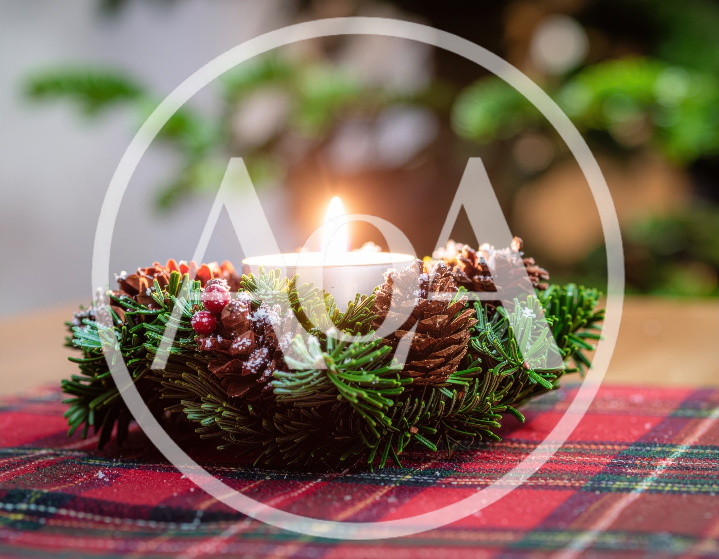 Christmas Candle Wreath on Plaid Tablecloth