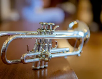 Silver Trumpet Resting On A Wooden Surface