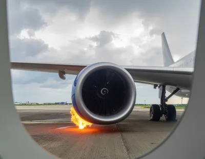 Airplane Jet Engine Catching Fire On Airport Tarmac