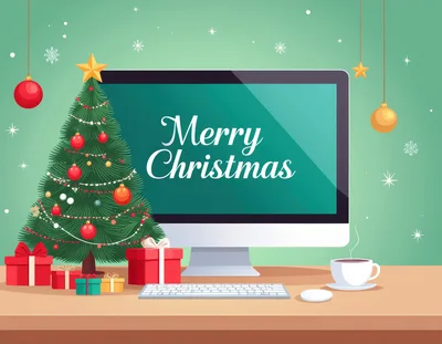 Christmas Desktop Computer Setup With Tree And Gifts