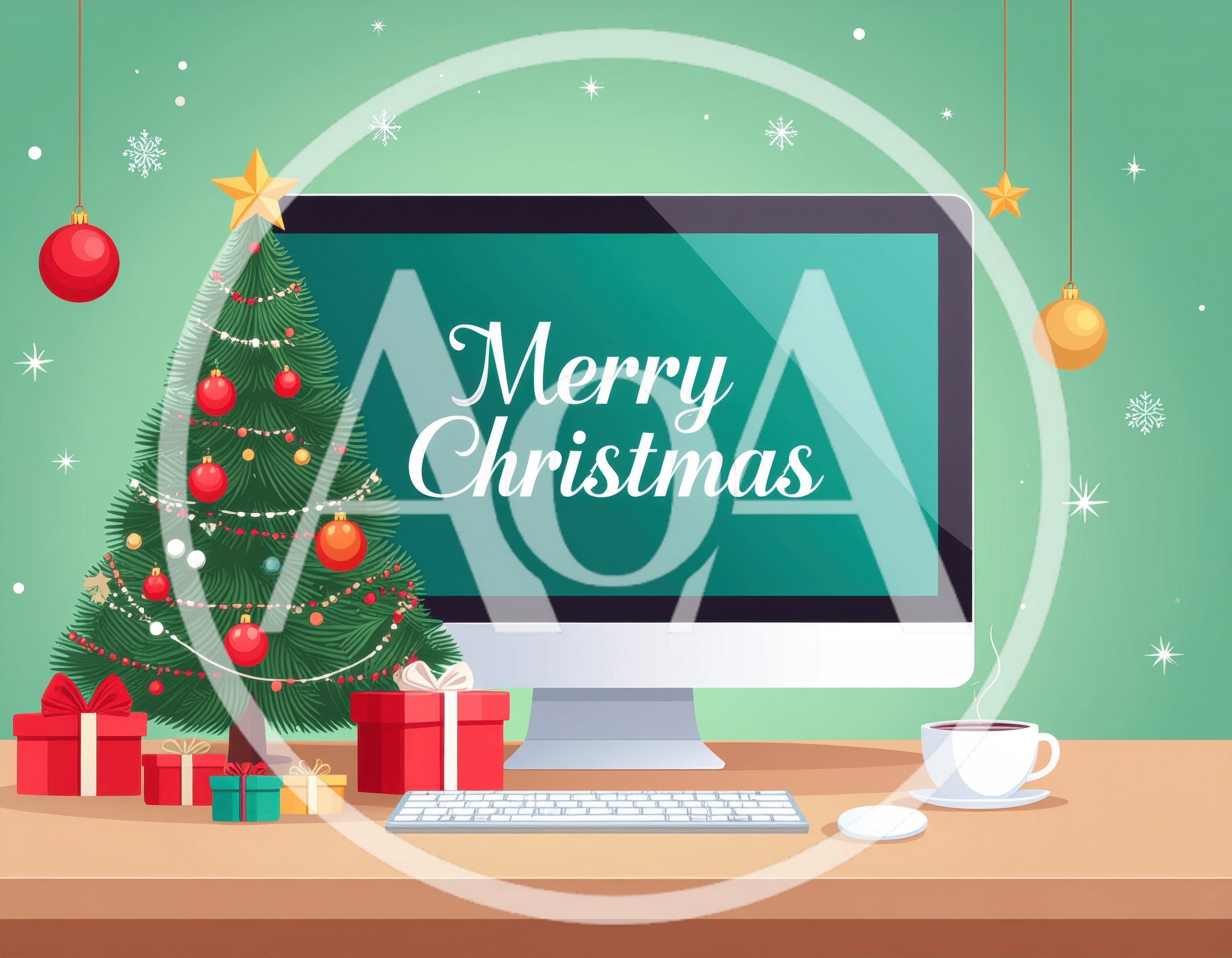 Christmas Desktop Computer Setup With Tree And Gifts