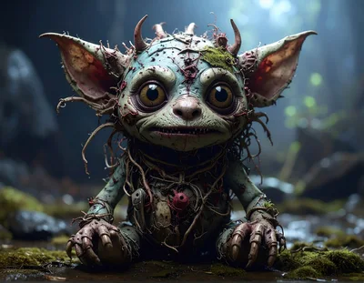 Creepy Forest Goblin Creature Sitting on Mossy Ground